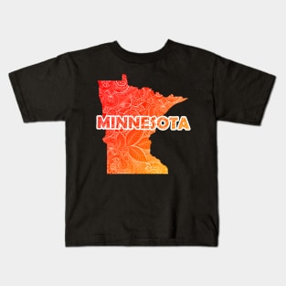 Colorful mandala art map of Minnesota with text in red and orange Kids T-Shirt